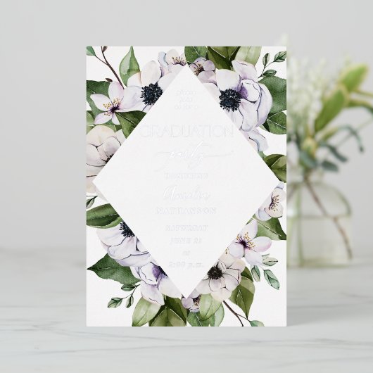 Invitation En Aluminium Anemone White Floral Graduation Party (Debout devant)