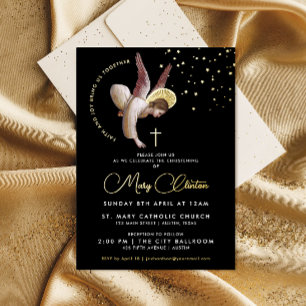 Invitation En Aluminium Ange de baptême moderne en or noir Calligraphie de