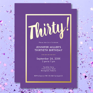 Invitation En Aluminium Anniversaire 30 ans moderne violet et or métallisé