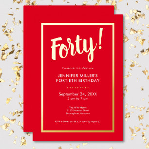 Invitation En Aluminium Anniversaire 40 ans Moderne Rouge et Or Feuille