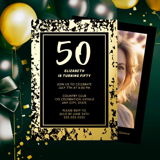 Invitation En Aluminium Anniversaire 50 ans Noir Or Photo Bold Luxe