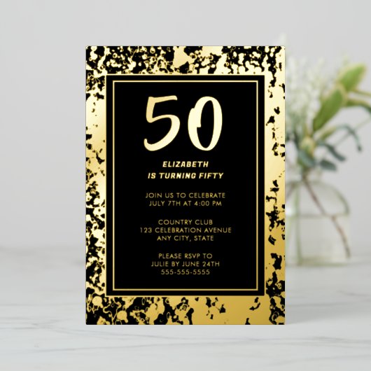 Invitation En Aluminium Anniversaire 50 ans Noir Or Photo Bold Luxe (Debout devant)