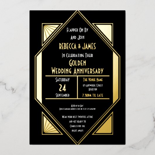 Invitation En Aluminium Anniversaire Art Déco Mariage d'or Noir (Recto)