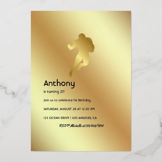 Invitation En Aluminium Anniversaire de football américain or et vert (Verso)