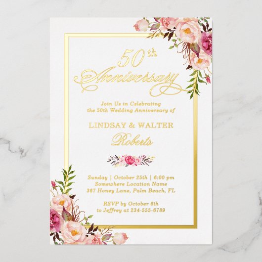 Invitation En Aluminium Anniversaire de Mariage Élégant Fleurs Roses Fines (Recto)