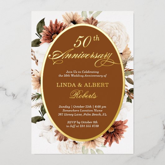 Invitation En Aluminium Anniversaire de Mariage Fleurie Terracotta Automna (Recto)