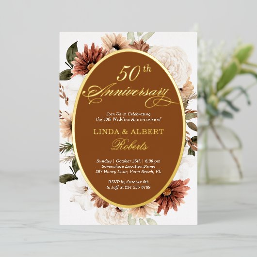 Invitation En Aluminium Anniversaire de Mariage Fleurie Terre Cuite Automn (Debout devant)