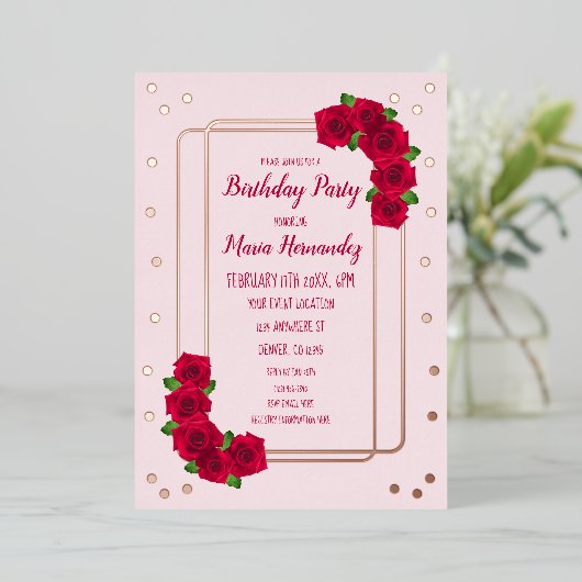 Invitation En Aluminium Anniversaire de Rose rose (Debout devant)