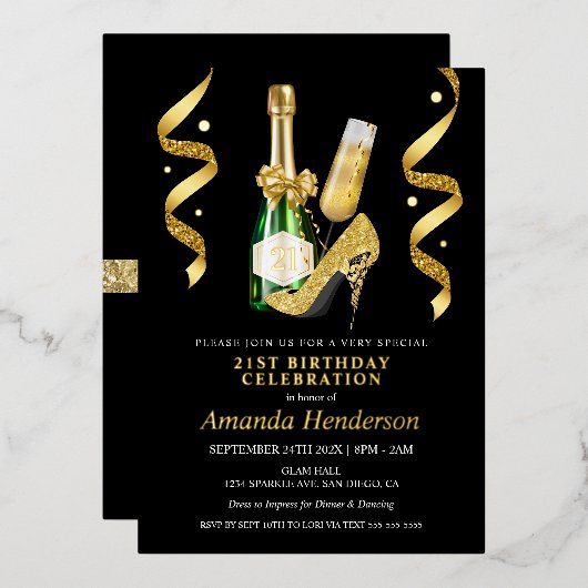 Invitation En Aluminium Anniversaire des femmes en talons d'or et champagn (Recto/Verso)