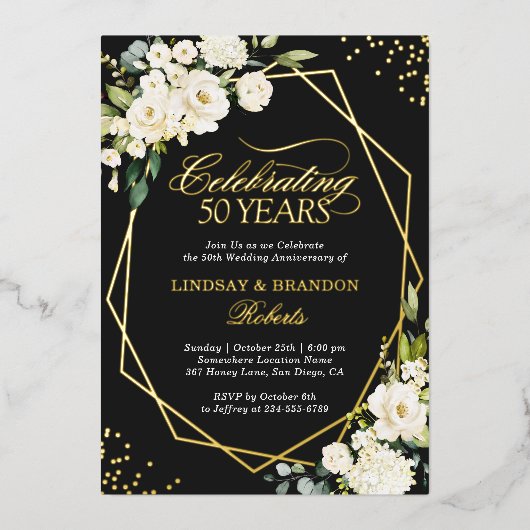 Invitation En Aluminium Anniversaire du Mariage géométrique Floral Blanc (Recto)