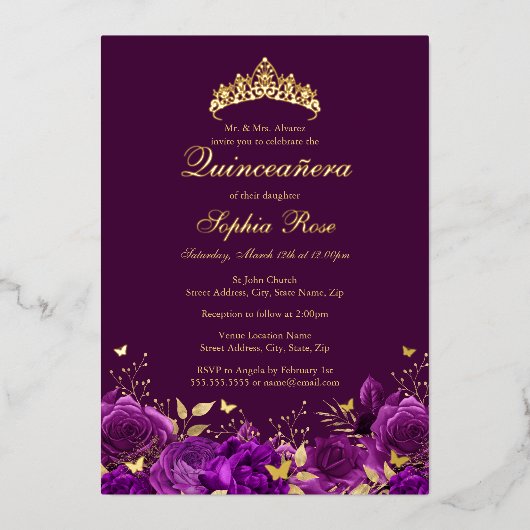 Invitation En Aluminium Anniversaire Papillon floral pourpre Tiara Quincea (Recto)