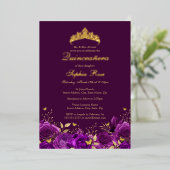 Invitation En Aluminium Anniversaire Papillon floral pourpre Tiara Quincea (Debout devant)