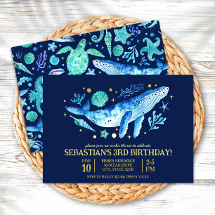 Invitation En Aluminium Anniversaire Sous La Mer Baleine Aquarelle Bleu Nu
