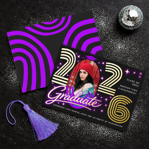 Invitation En Aluminium Annonce de diplômé avec photo rétro néon violet