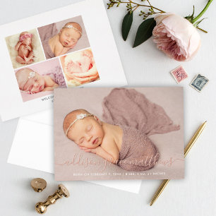 Invitation En Aluminium Annonce de naissance Collage Photo Écriture Rose G