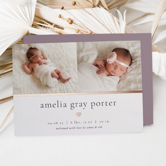 Invitation En Aluminium Annonce de naissance | Deux photos avec feuille d'