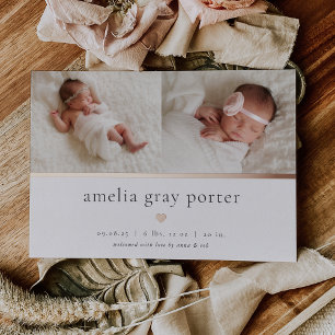 Invitation En Aluminium Annonce de naissance Deux photos avec feuille d'