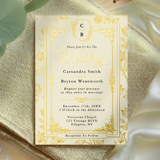 Invitation En Aluminium Antique Floral Monogram Crest Gold Frame Wedding