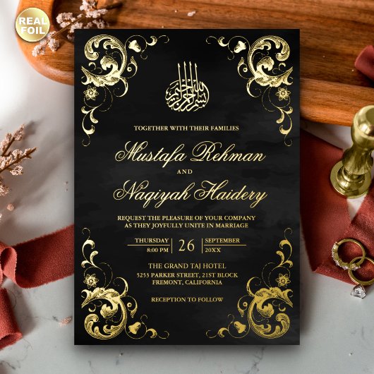 Invitation En Aluminium Antique Frame Black Mariage islamique Or