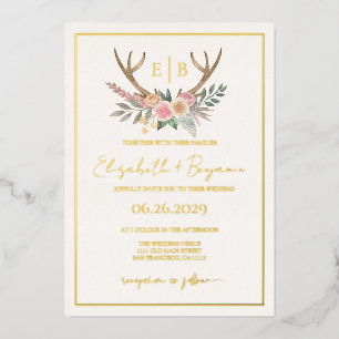 Invitation En Aluminium Antlers Floral Stag Rose Fleurs Mariage Real Gold