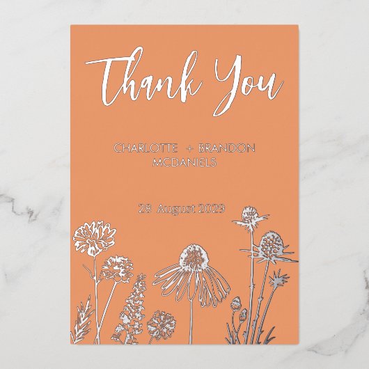 Invitation En Aluminium Apricot Fleur sauvage Merci Mariage Or (Recto)