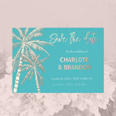 Invitation En Aluminium Aqua Gold Palm Trees Beach Wedding Enregistrer La