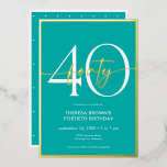 Invitation En Aluminium Aqua Gold Script minimal moderne Quarante Annivers<br><div class="desc">Moderne et chic, cette invitation à l'anniversaire combine l'aqua classique et le blanc avec des accents de véritable feuille d'or. Le design minimal est un design simple et amusant pour célébrer l'anniversaire de l'événement. Cette version de la carte a un petit pois fantaisiste en arrière. Créé par Simply Farmhouse Press....</div>