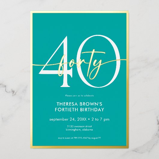 Invitation En Aluminium Aqua Gold Script minimal moderne Quarante Annivers (Recto)