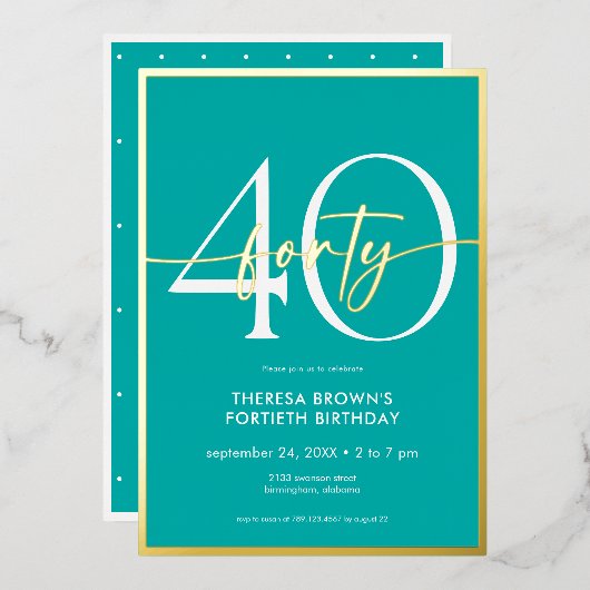 Invitation En Aluminium Aqua Gold Script minimal moderne Quarante Annivers (Recto/Verso)