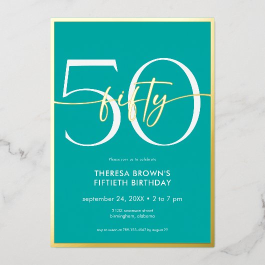 Invitation En Aluminium Aqua Mini Moderne Cinquante Script Anniversaire (Recto)