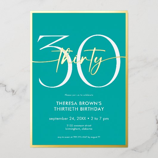 Invitation En Aluminium Aqua minima moderne 30 Script Anniversaire (Recto)