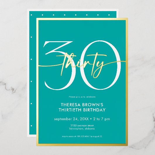 Invitation En Aluminium Aqua minima moderne 30 Script Anniversaire (Recto/Verso)