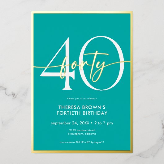Invitation En Aluminium Aqua minima moderne Quarante Script Anniversaire (Recto)