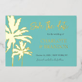 Invitation En Aluminium Aqua Palm Trees Beach Wedding Save The Date Gold (Recto)