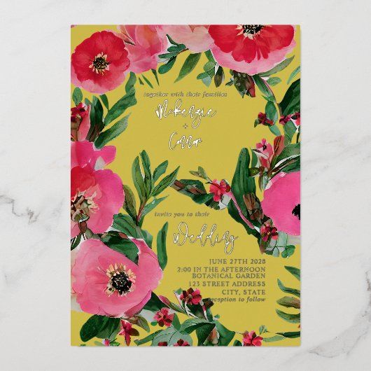 Invitation En Aluminium Aquarelle Anéone Jaune Mariage (Recto)