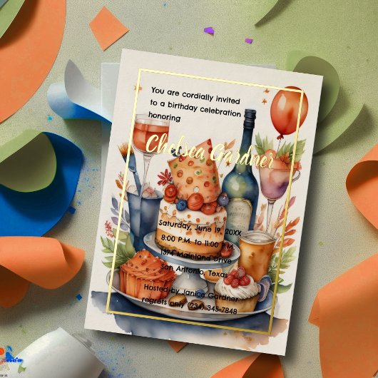 Invitation En Aluminium Aquarelle Anniversaire Vin Gâteau Nourriture