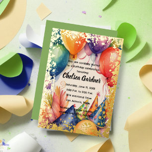 Invitation En Aluminium Aquarelle Ballons d'anniversaire Casquettes de fêt