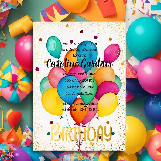 Invitation En Aluminium Aquarelle Ballons d'anniversaire coloré