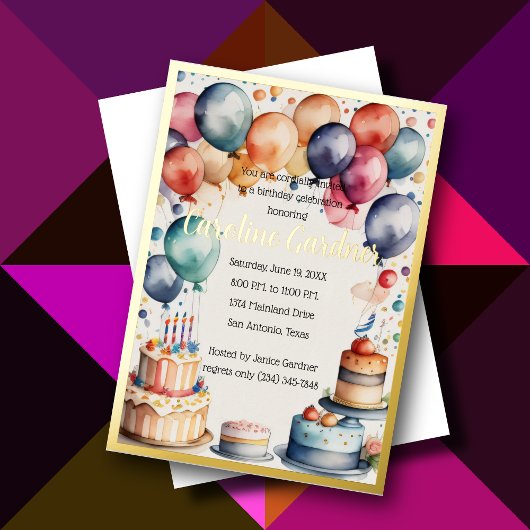 Invitation En Aluminium Aquarelle Ballons d'anniversaire gâteau coloré