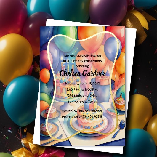 Invitation En Aluminium Aquarelle Ballons d'anniversaire gâteau coloré
