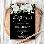 Invitation En Aluminium Aquarelle bat mitzvah Florale Noir Vrai Or<br><div class="desc">Soyez fier, réjouissez-vous et présentez ce jalon de votre Bat mitzvah préféré avec cette invitation sophistiquée et personnalisée ! Une aquarelle florale chic, étonnante, blanche et vraie feuille d'or, écriture manuscrite en feuille d'or et typographie sans serif blanche, superposent un arrière - plan noir dramatique. D'autres aquarelles blanches et des...</div>