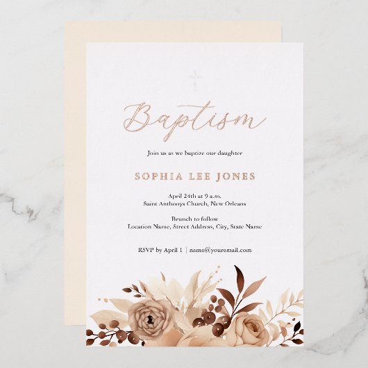 Invitation En Aluminium Aquarelle Beige Floral Boho Baptère (Recto/Verso)