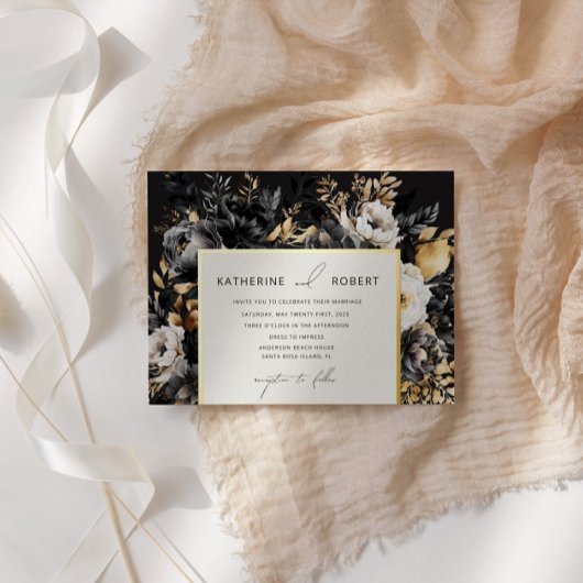 Invitation En Aluminium Aquarelle Black Gold Floral Mariage