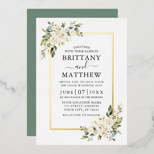 Invitation En Aluminium Aquarelle Blanc Floral Mariage Sage Vert Or (Recto/Verso)
