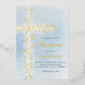 Invitation En Aluminium aquarelle blanc or croix Baptême (Recto)