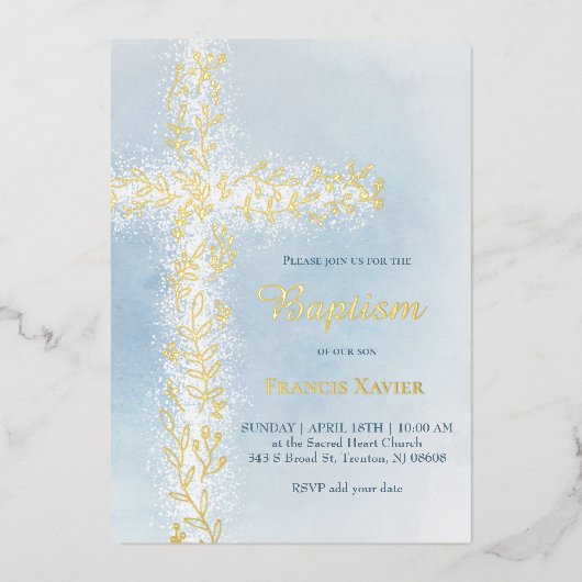 Invitation En Aluminium aquarelle blanc or croix Baptême (Recto)