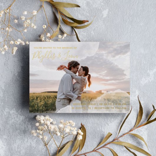 Invitation En Aluminium Aquarelle blanche et or Mariage photo informel