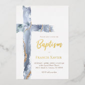 Invitation En Aluminium aquarelle bleu agate cross Baptême (Recto)