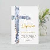 Invitation En Aluminium aquarelle bleu agate cross Baptême (Debout devant)