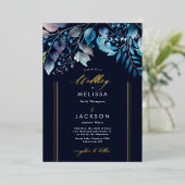 Invitation En Aluminium Aquarelle Bleu branches botaniques Mariage foncé (Debout devant)